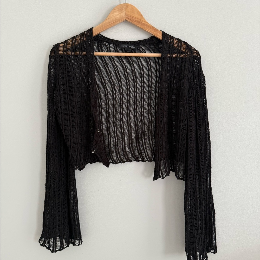 Cotton Candy Black Shrug Sweater with Ruffled Edges